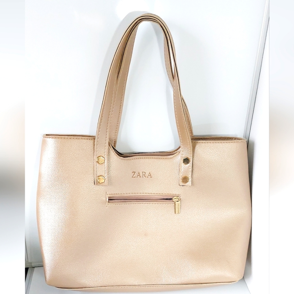Zara Beige Tote Bag with Front Logo and Top Handles